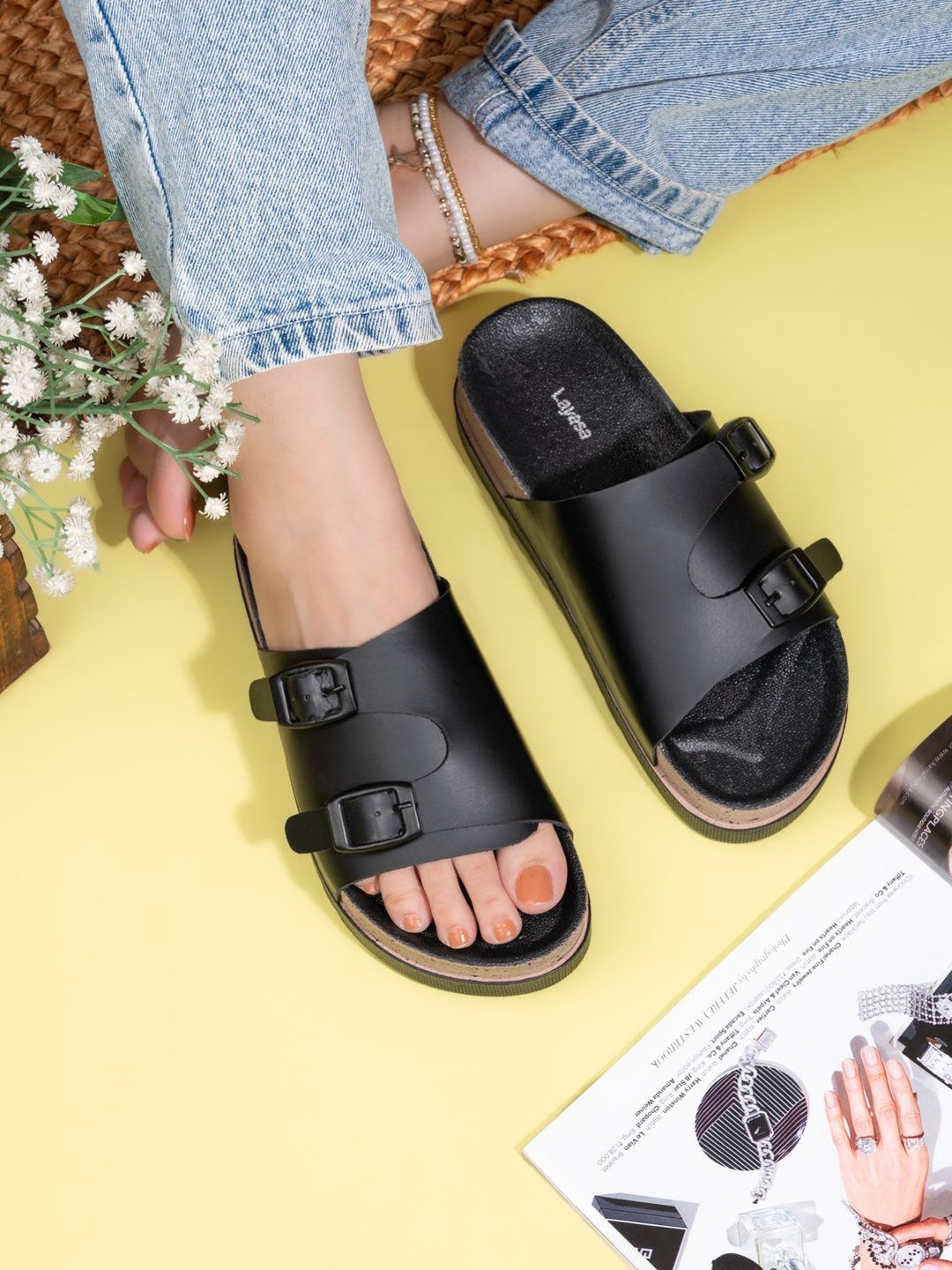 Layasa Women Printed Open Toe Flats with Buckles