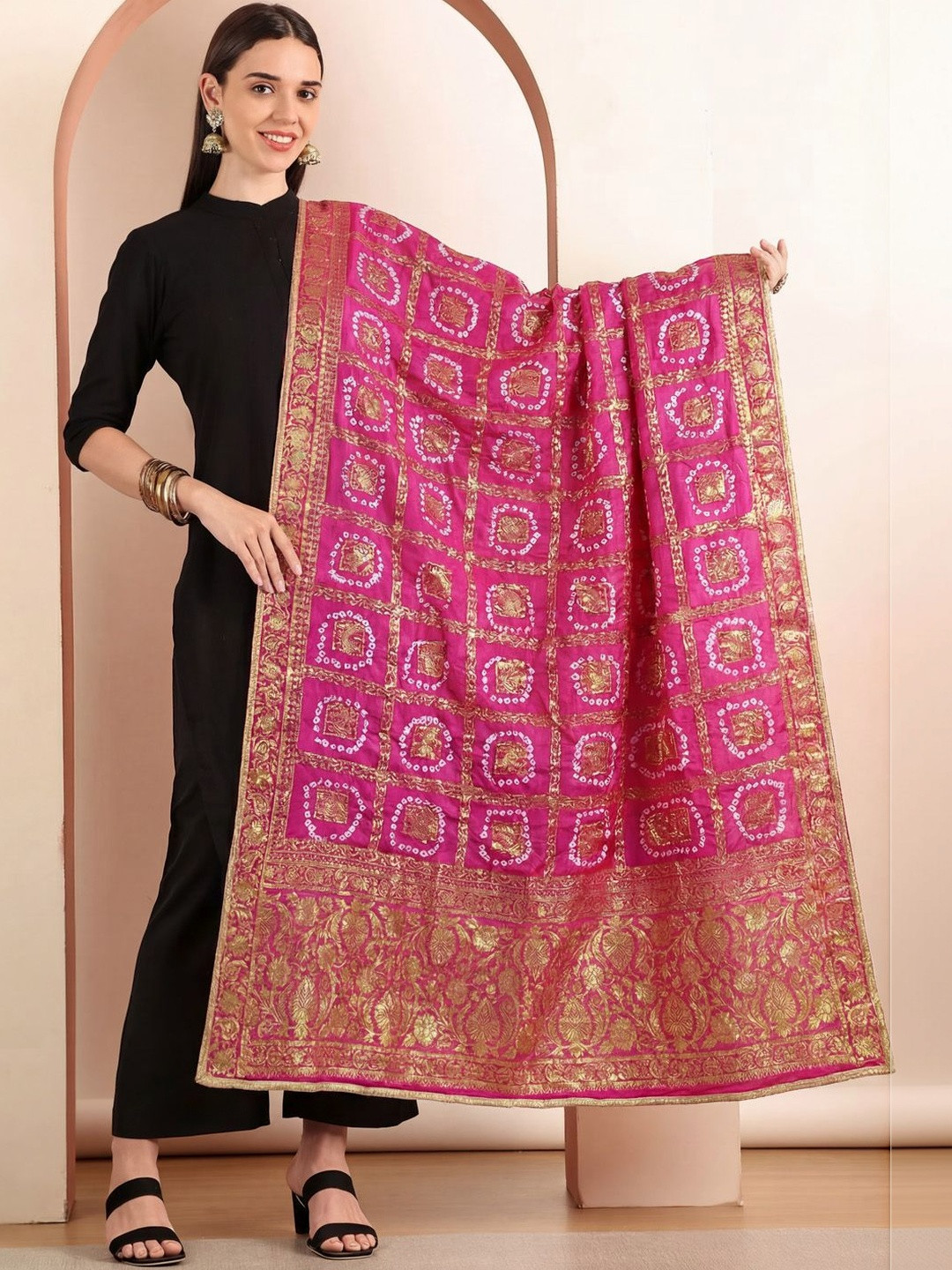 Clora Creation Woven Design Bandhani Dupatta with Zari