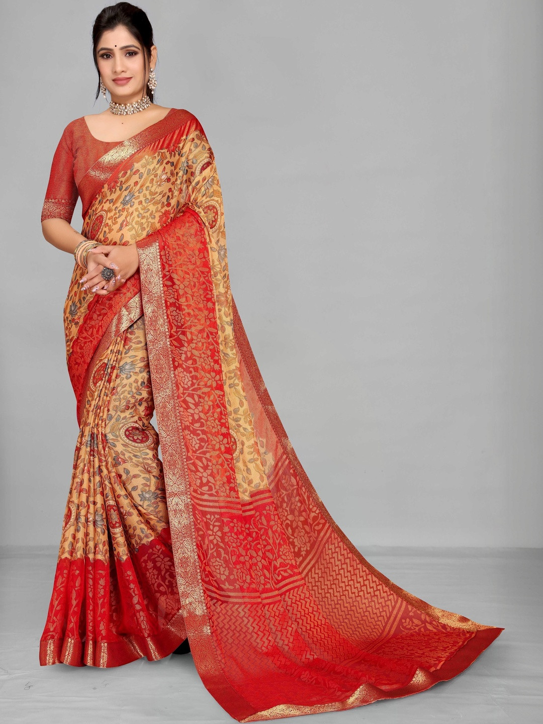 Mitera Floral Zari Poly Chiffon Heavy Work Saree
