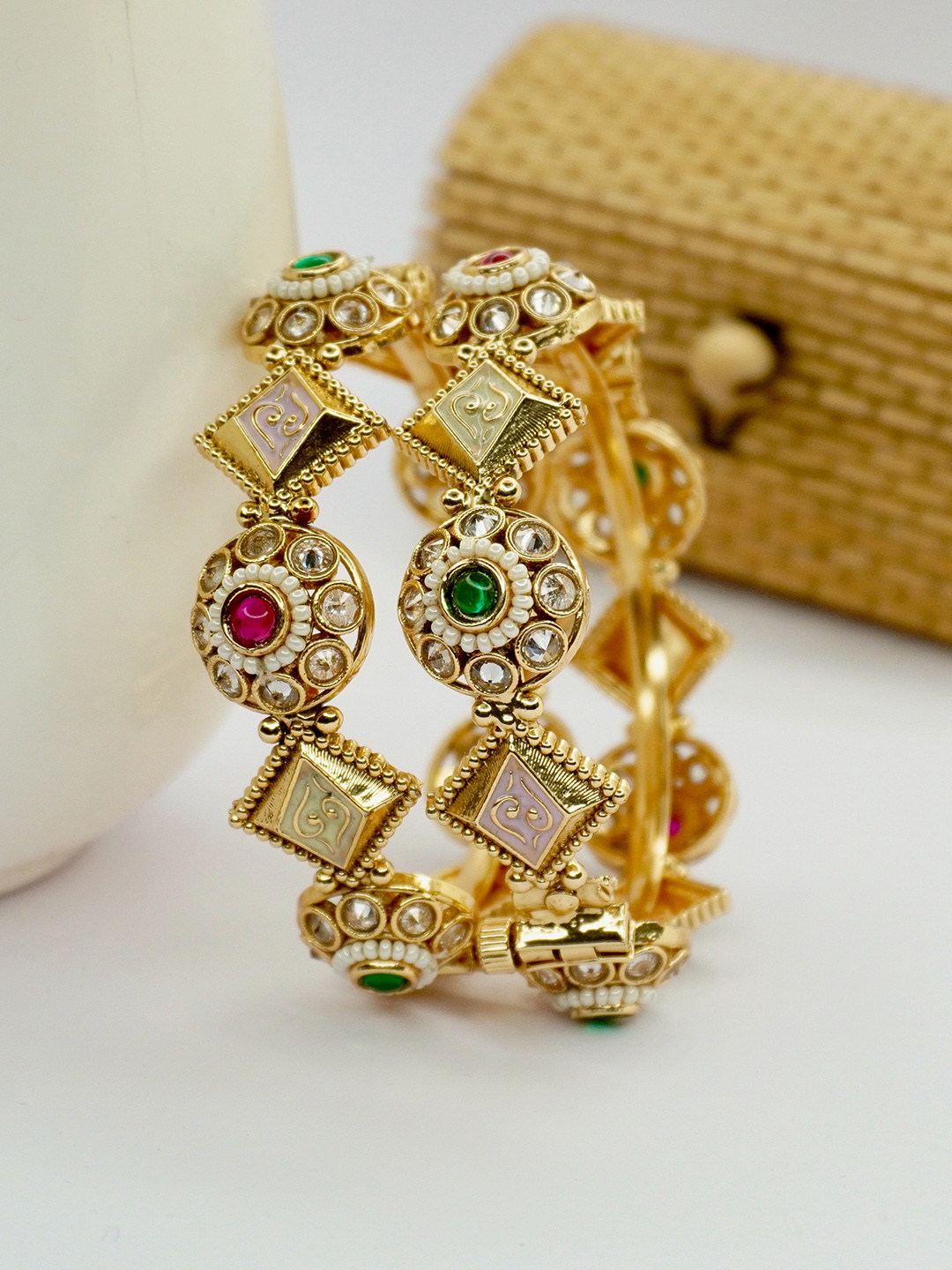Panini jewels Set Of 2 Gold-Plated Stone Studded & Beaded Bangles