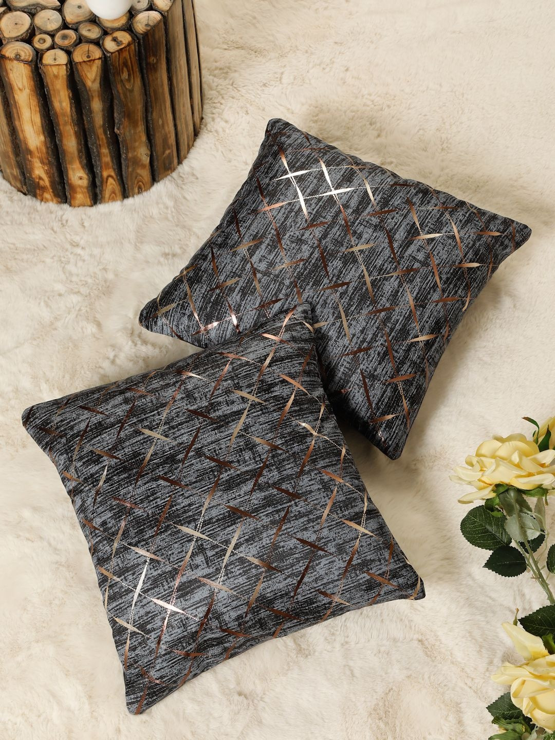 HOSTA HOMES Grey Set of 2 Geometric Square Cushion Covers