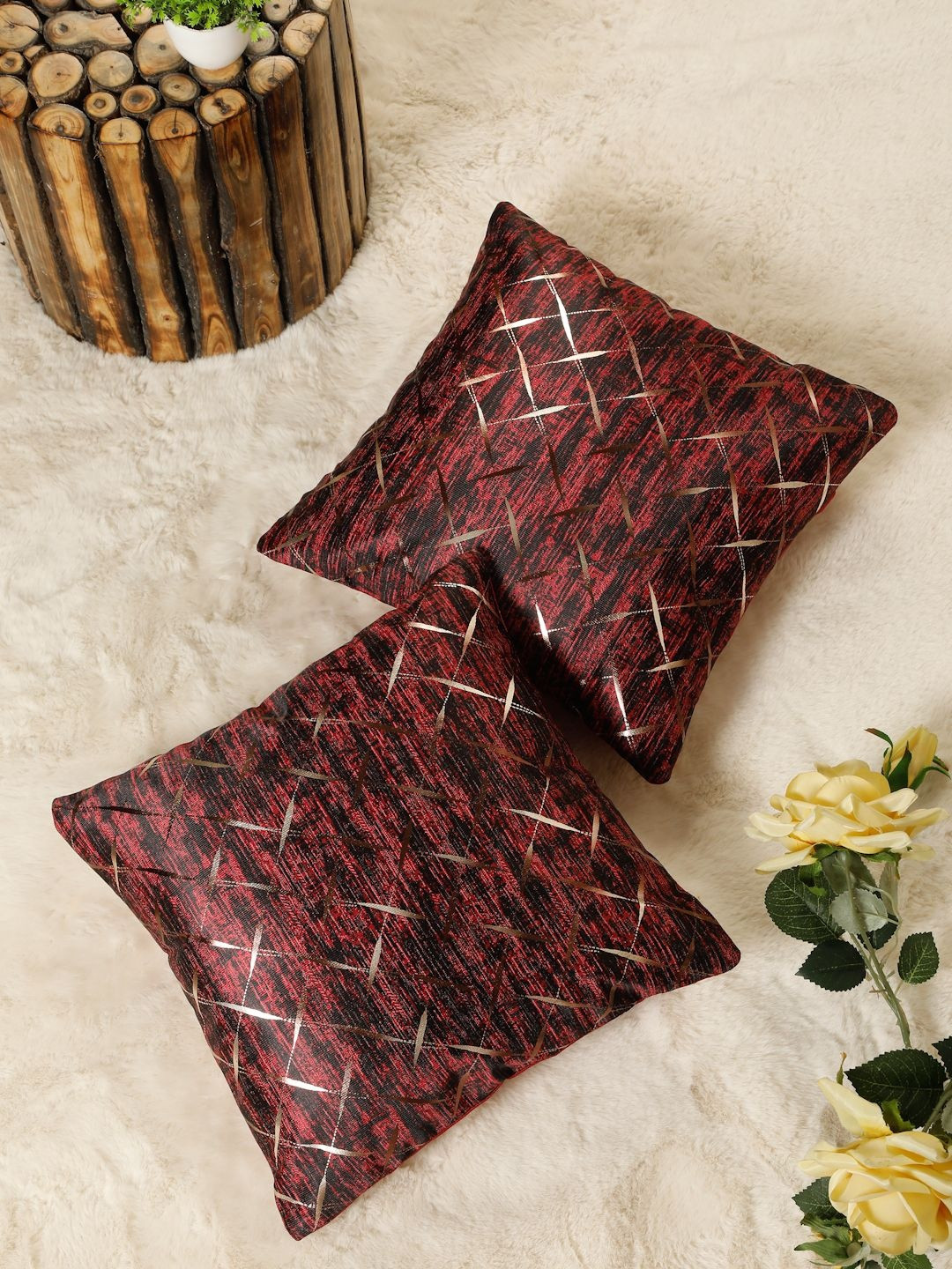 HOSTA HOMES Maroon Set of 2 Geometric Square Cushion Covers