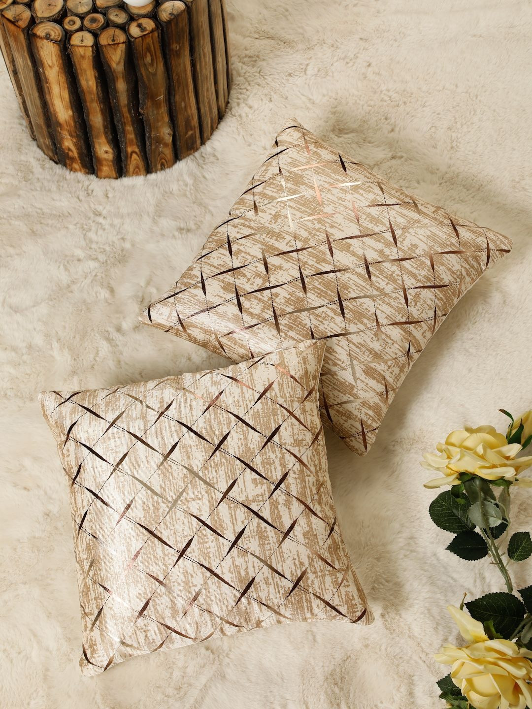 HOSTA HOMES Cream-Coloured Set of 2 Geometric Square Cushion Covers