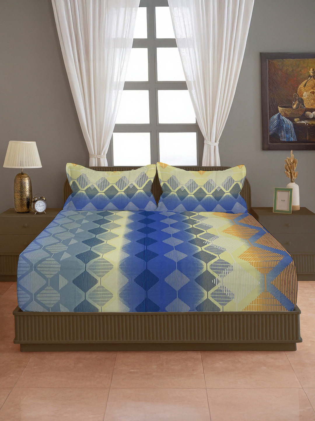 SWAYAM Blue Geometric Cotton 144 TC King Bedsheet with 2 Pillow Covers-90 x 100 inches