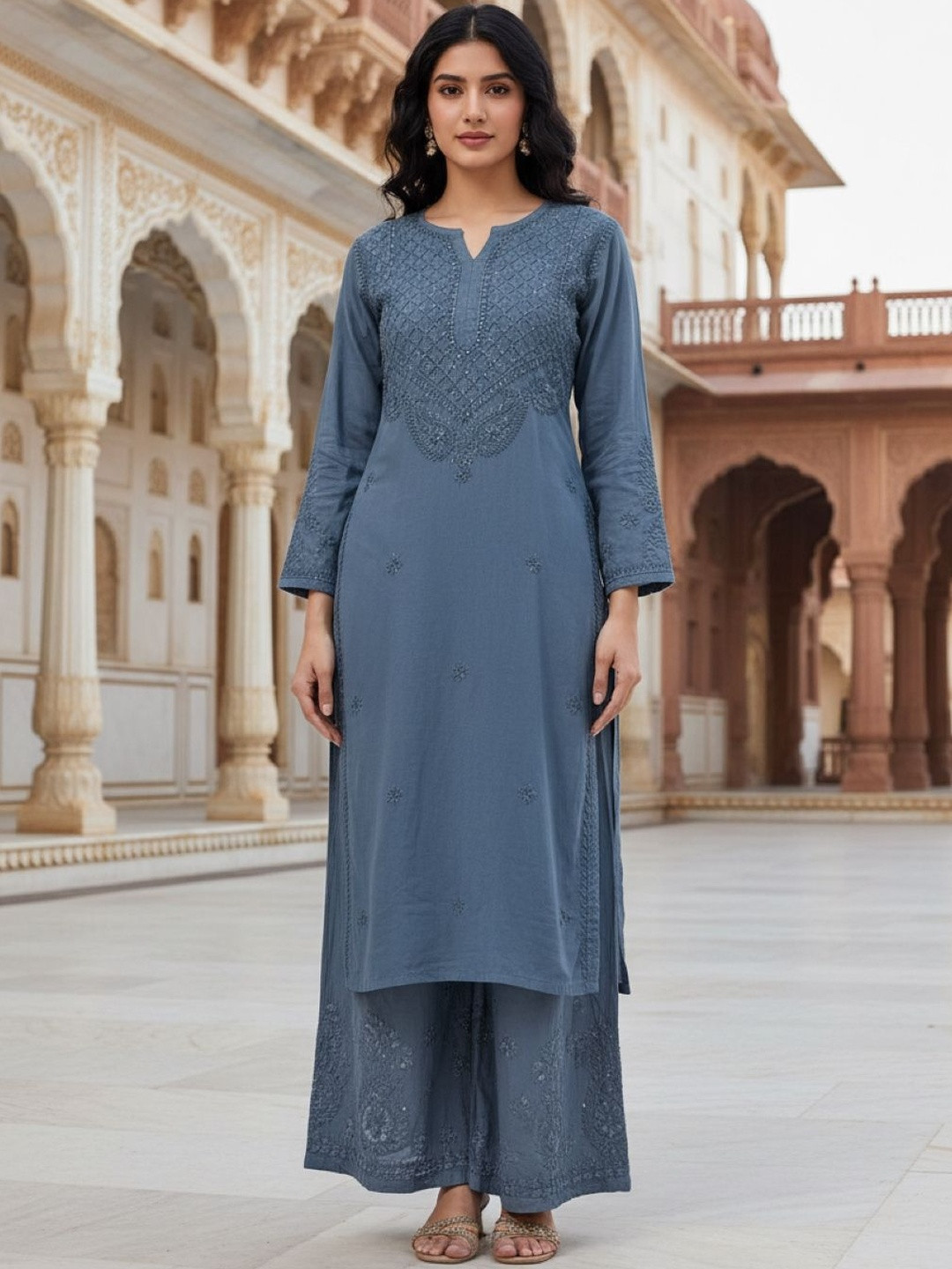 KHAKA Women Ethnic Motifs Embroidered Regular Thread Work Pure Cotton Kurta with Palazzos