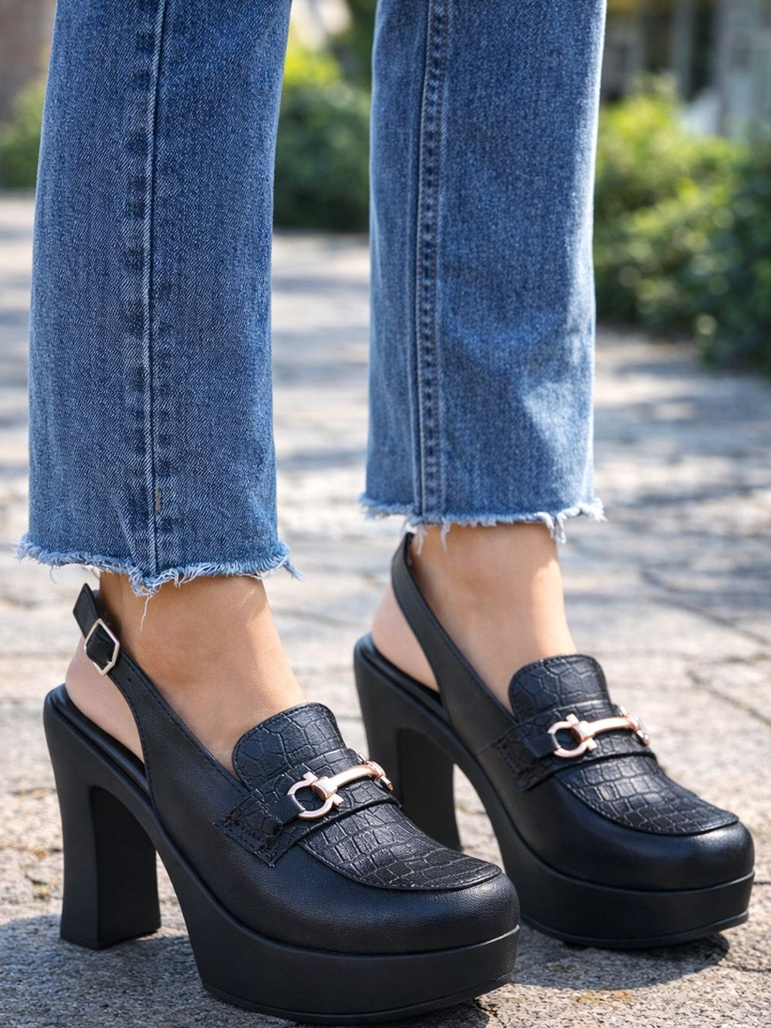 Stylestry Textured Party Block Mules with Buckles