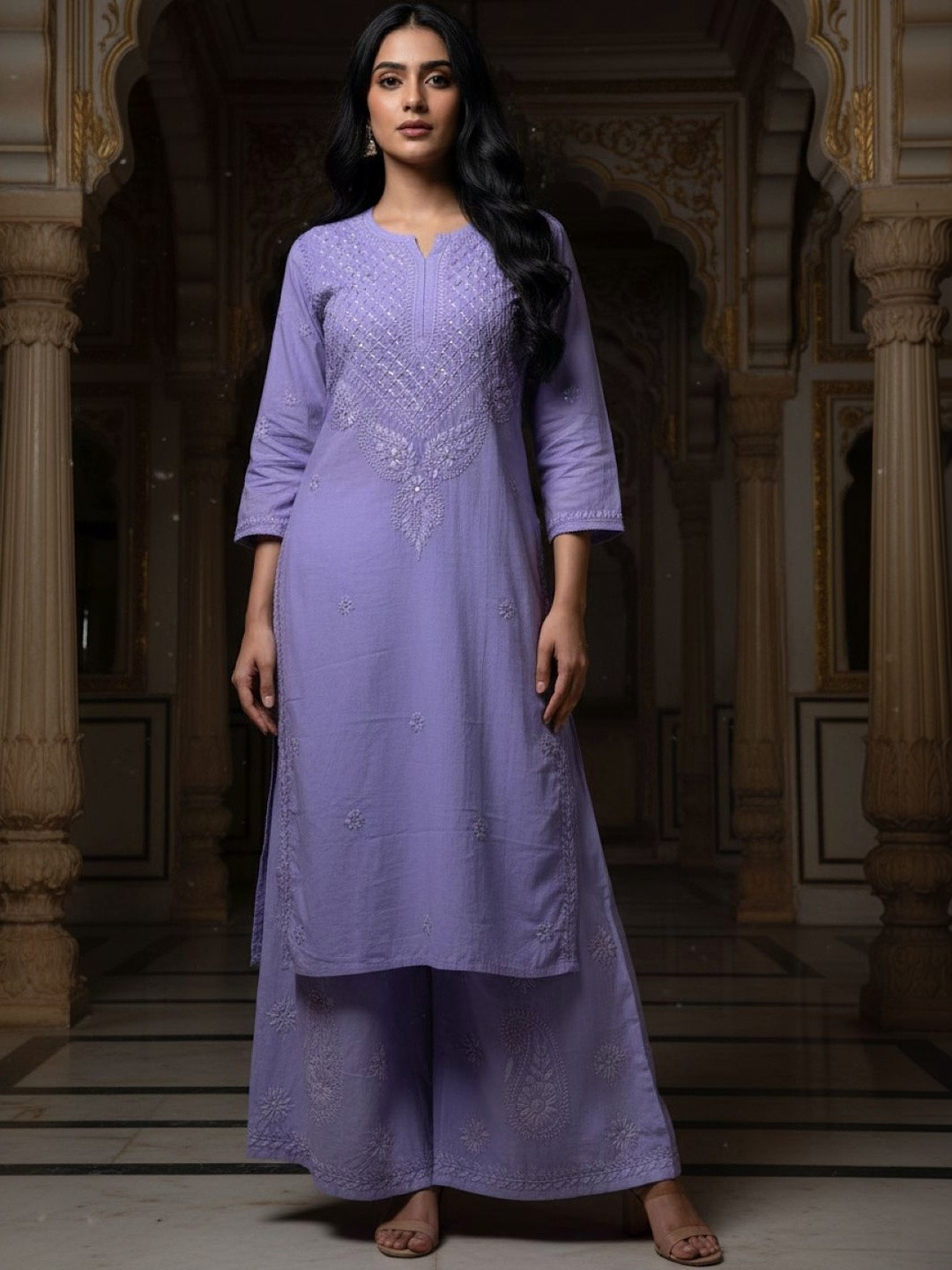 FashionChikan Art Women Ethnic Motifs Embroidered Regular Thread Work Pure Cotton Kurta with Palazzos