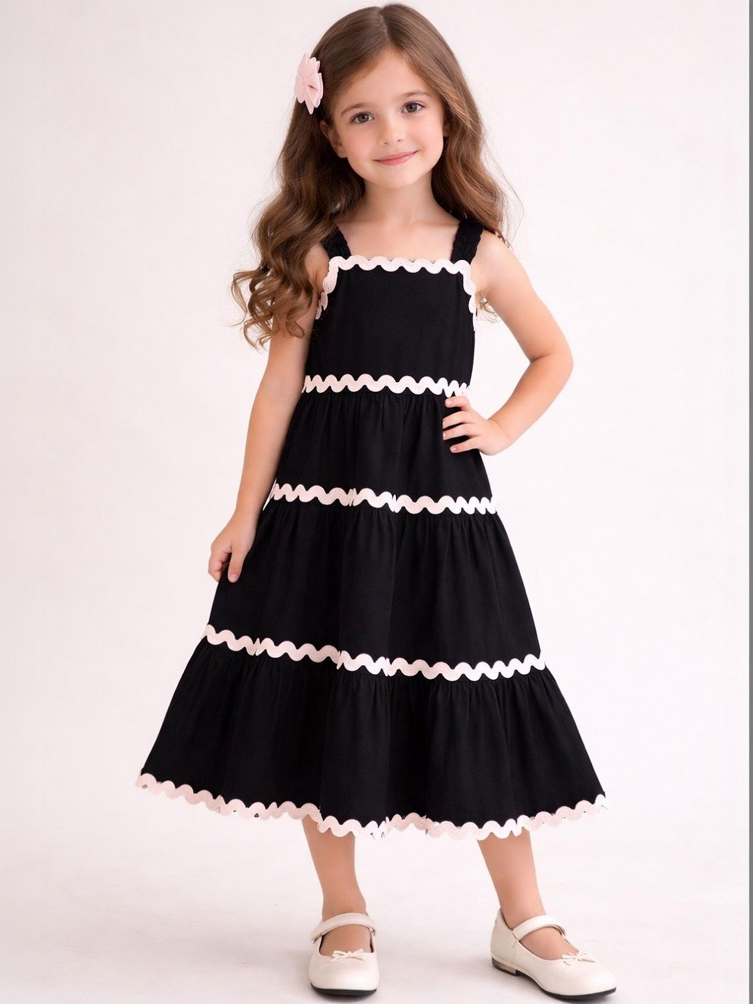 YK Girls Solid Fit & Flare With Contrast Ric Rac Trim Dress