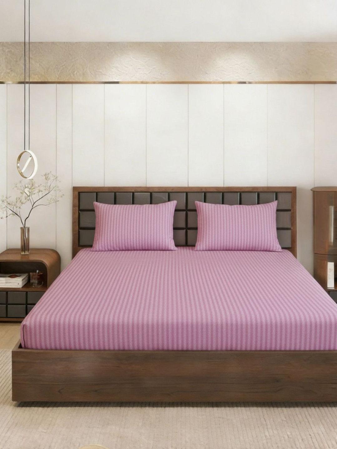 Status Pink Striped Cotton Fitted King Bedsheet with 2 Pillow Covers- 330 CM X 220 CM