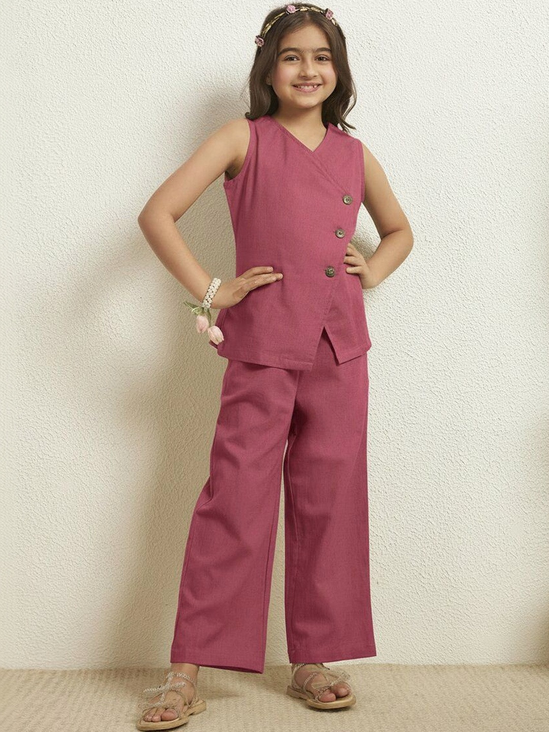 Bugandbees Girls V-Neck Sleeveless Pure Cotton Top With Trousers