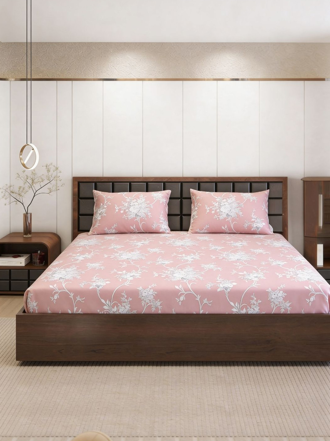 Status Floral Cotton Microfiber Fitted King Bedsheet with 2 Pillow Covers-330 CM X 220 CM