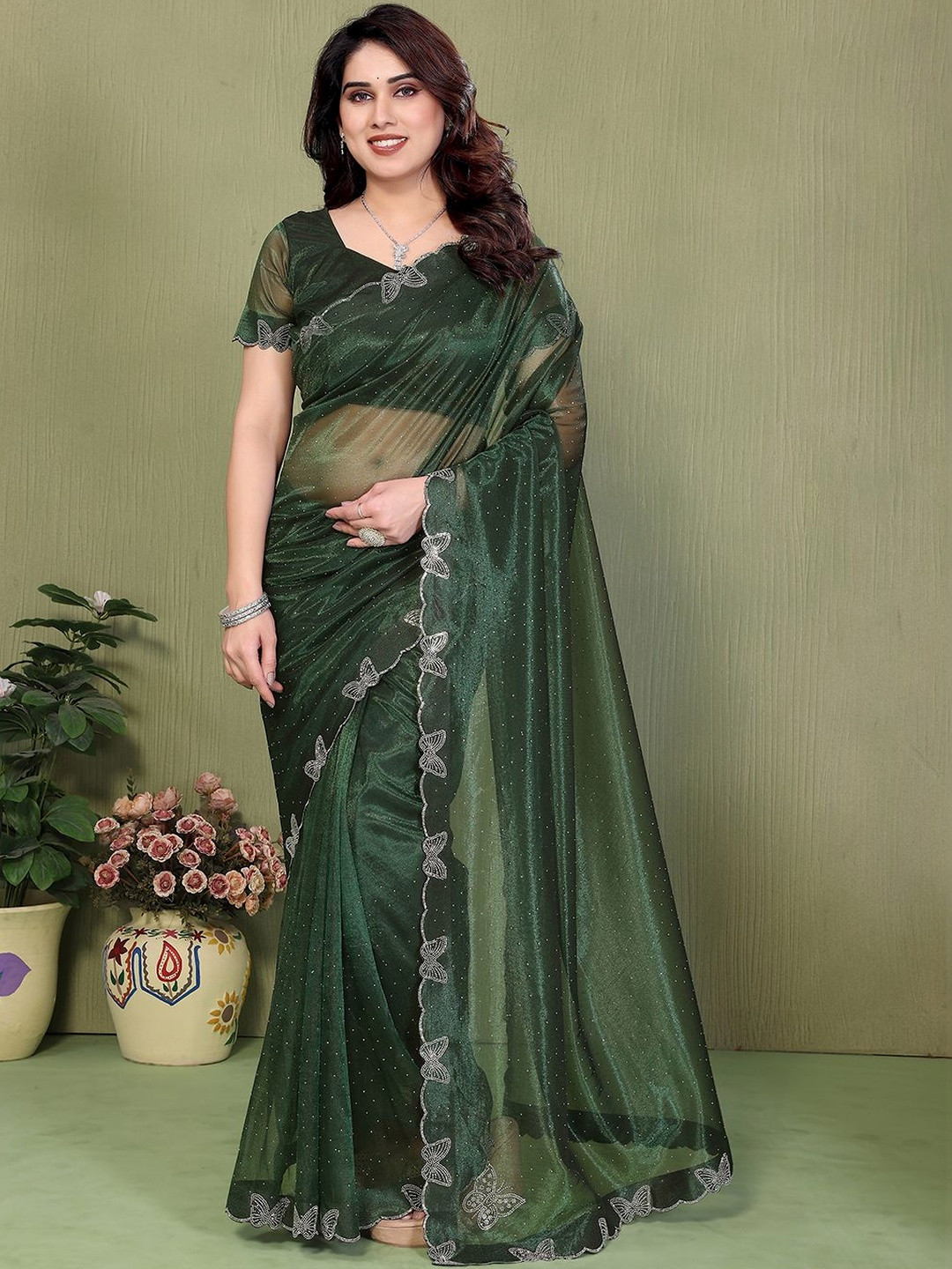 ANAND SAREES Floral Beads and Stones Net Fusion Saree