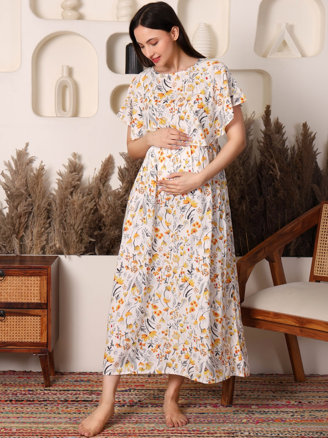 Zuvino Women Floral Print Flutter Sleeve Empire Maxi Dress