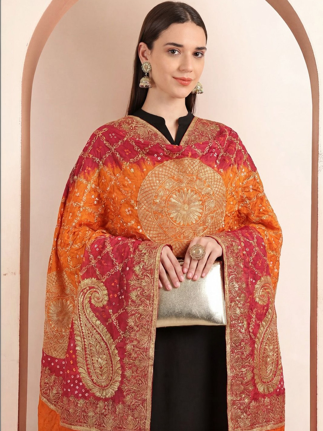 Clora Creation Woven Design Bandhani Dupatta with Zari