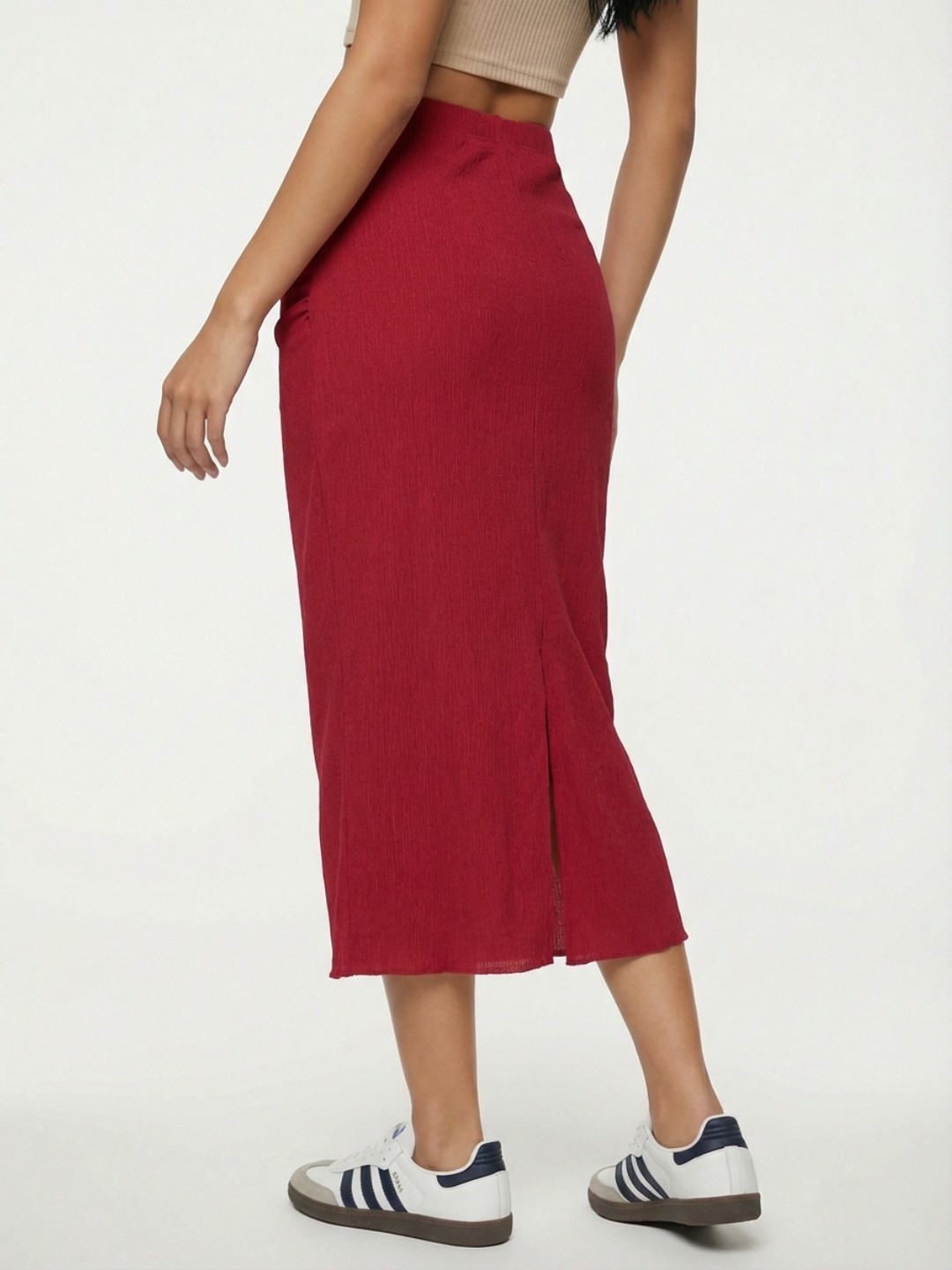 glitchez Women Gathered Back Slit Midi Straight Skirt