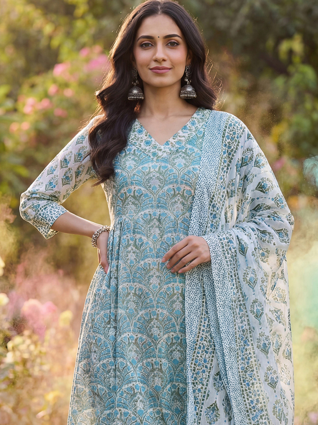 Indo Era Women Ethnic Motifs Printed Regular Pure Cotton Kurta with Trousers & With Dupatta