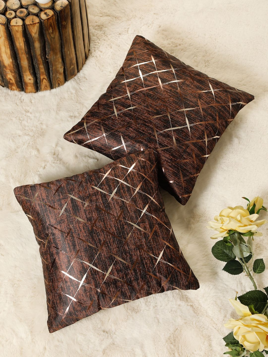 HOSTA HOMES Brown Set of 2 Geometric Square Cushion Covers
