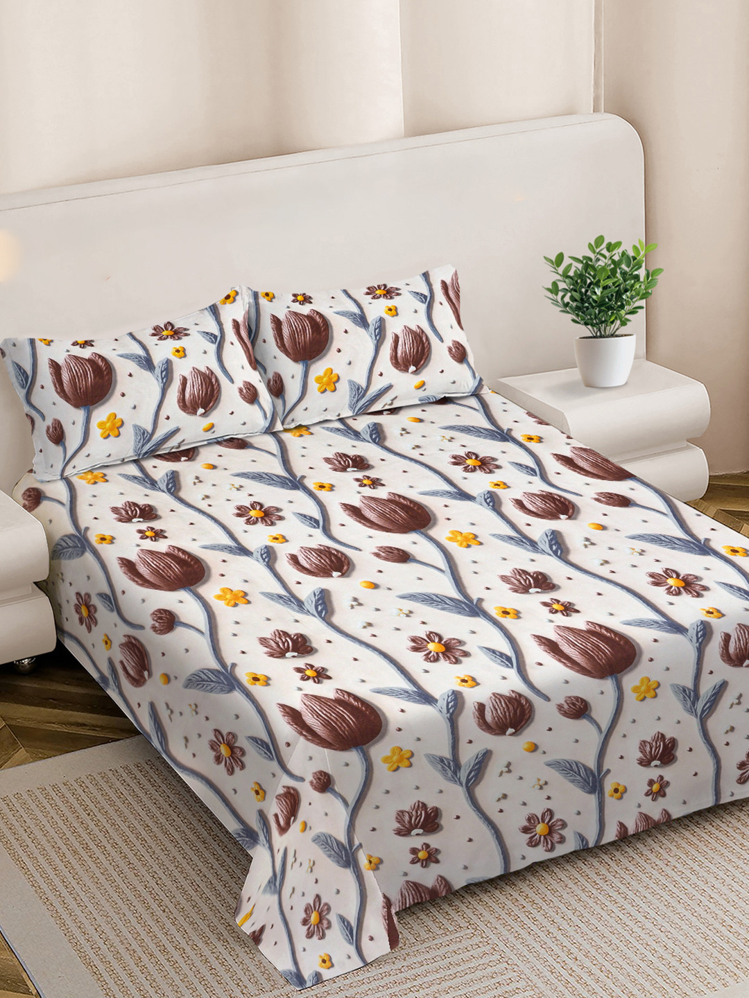 FABINALIV Brown Floral 300 TC King Size 7D Bedsheet with 2 Pillow Covers