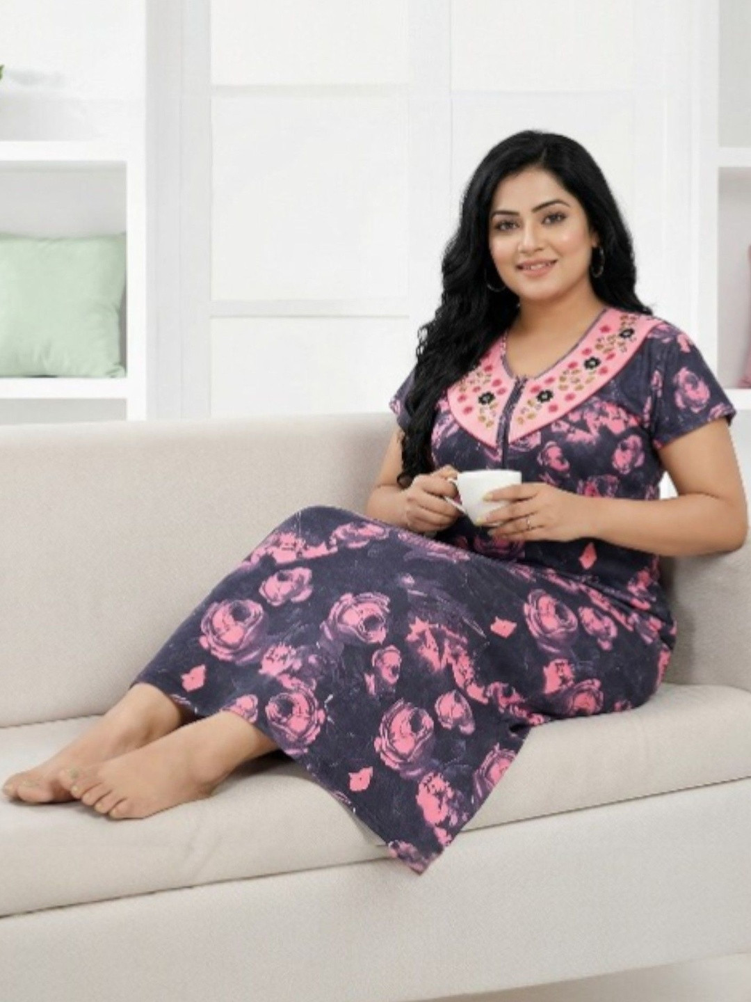 SENSLIFE Hosiery Cotton Mix Printed Long Nighty Nightdress