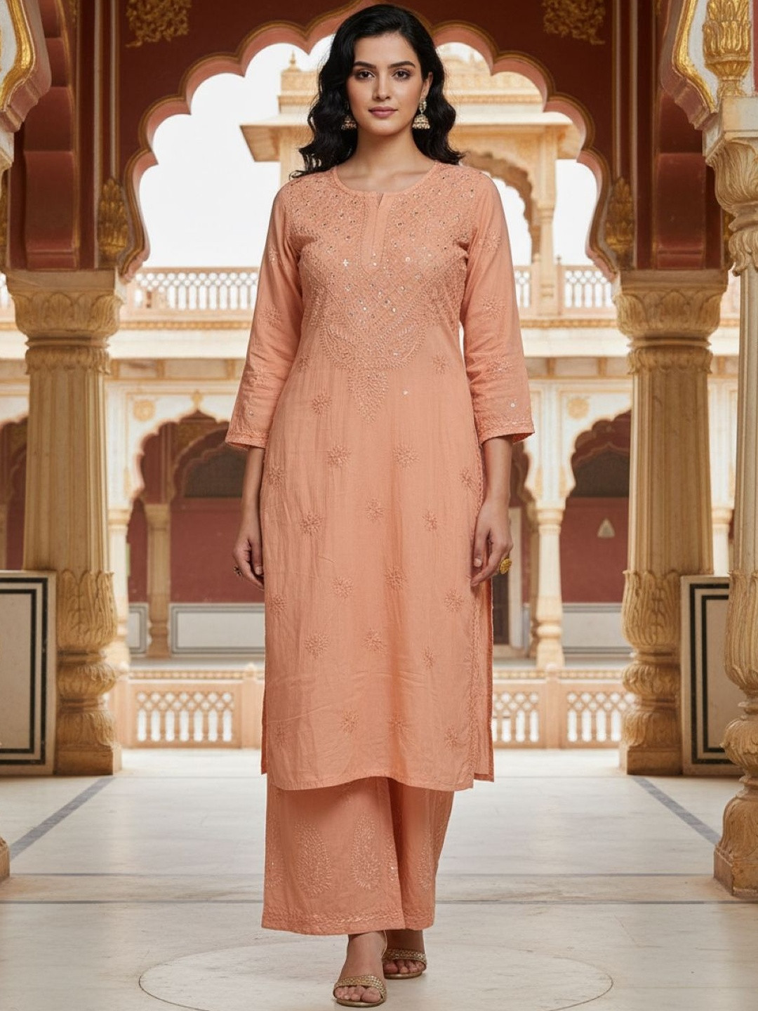 FashionChikan Art Women Ethnic Motifs Embroidered Regular Thread Work Pure Cotton Kurta with Palazzos