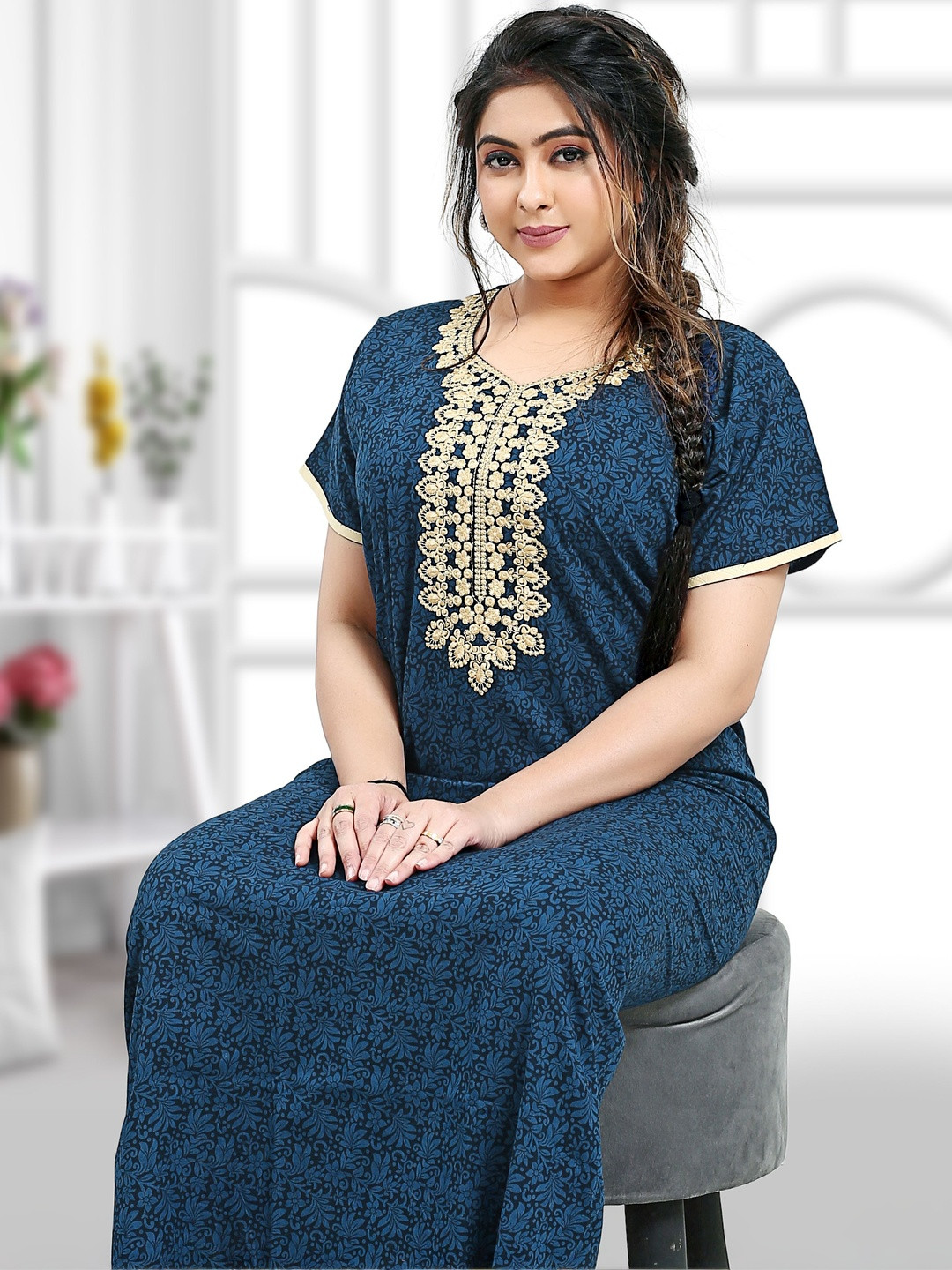 Zairra Women Cotton Embroidered Nightdress