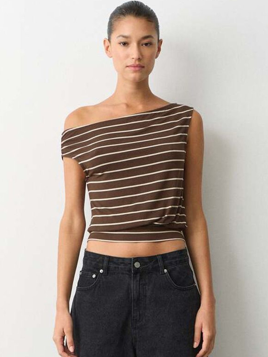 StyleCast x Revolte Brown Striped Crop Top