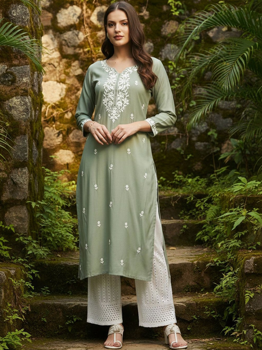 FORKEY Women Ethnic Motifs Embroidered Thread Work Kurta