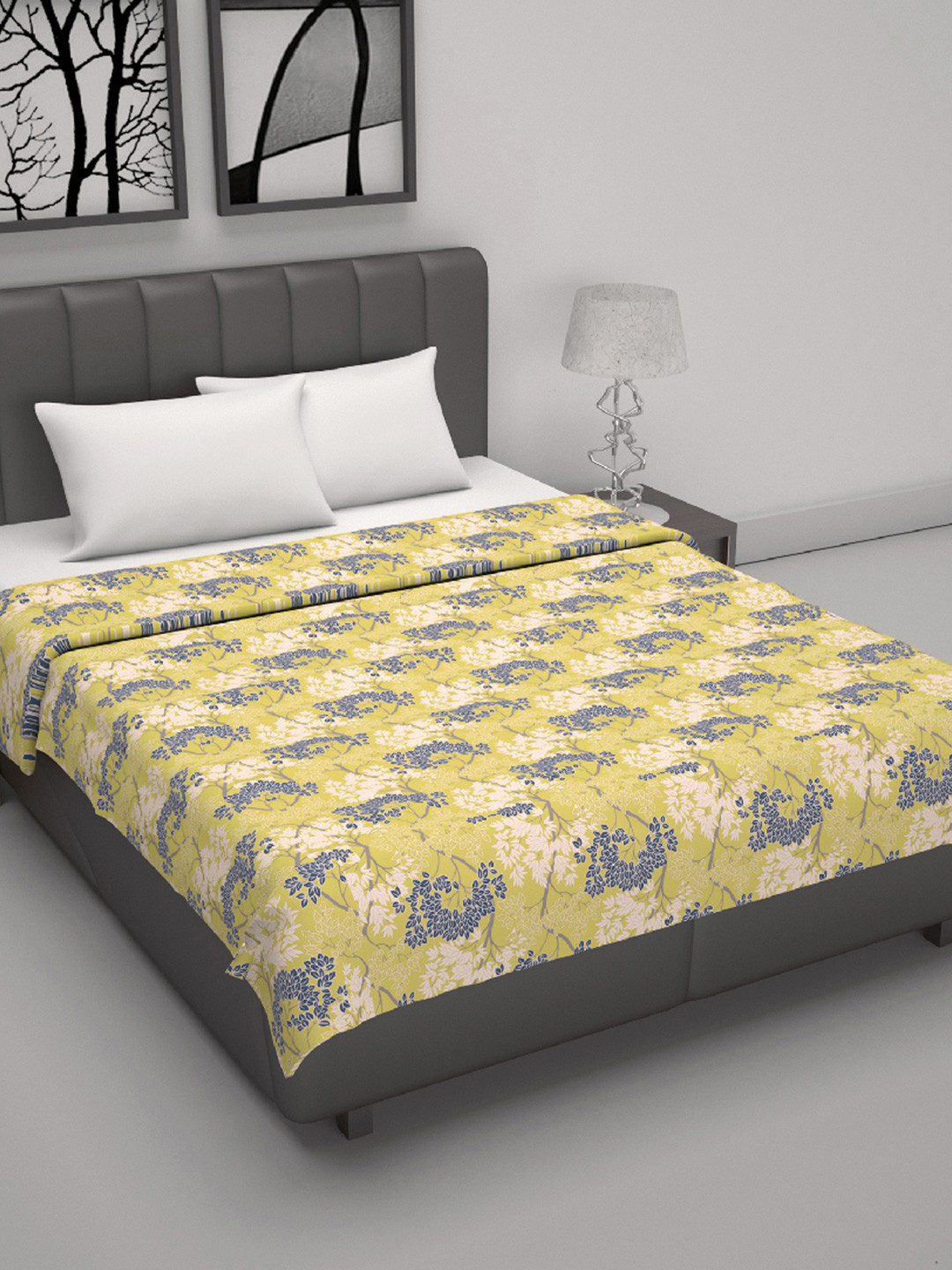 Divine Casa Lemon Drop Floral Cotton AC Room 120 GSM Reversible Double Bed Dohar Blanket