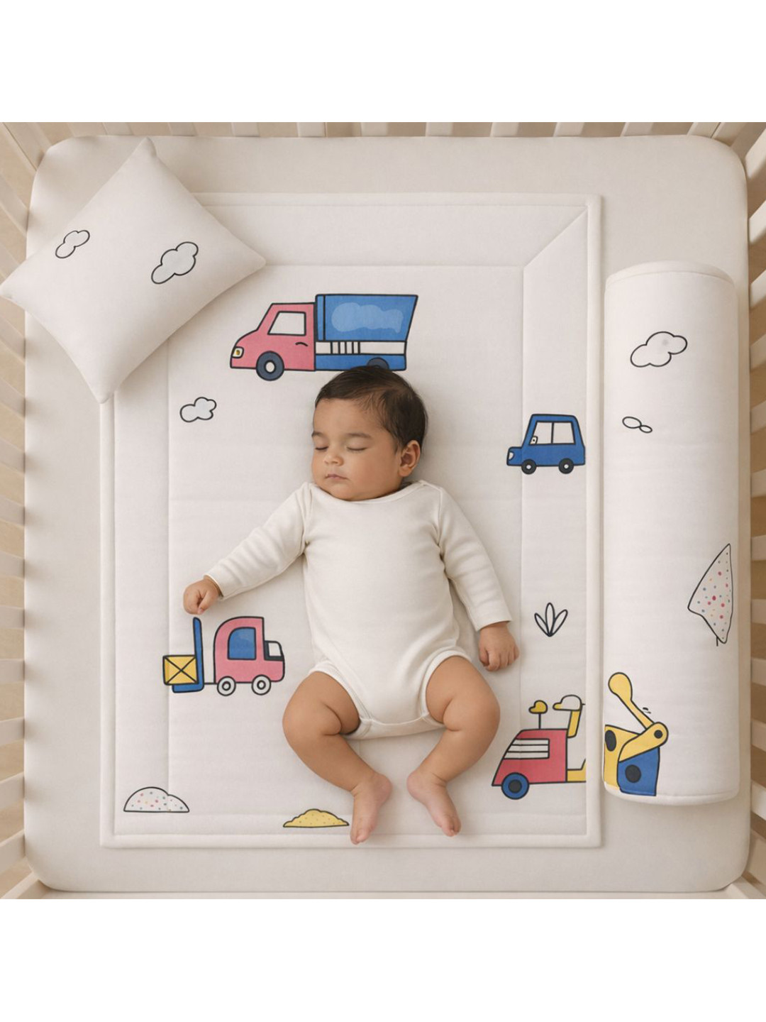 ZIKKU Kids-Unisex Infants White & Blue Printed Pure Cotton 3-Pcs Baby Bedding Set