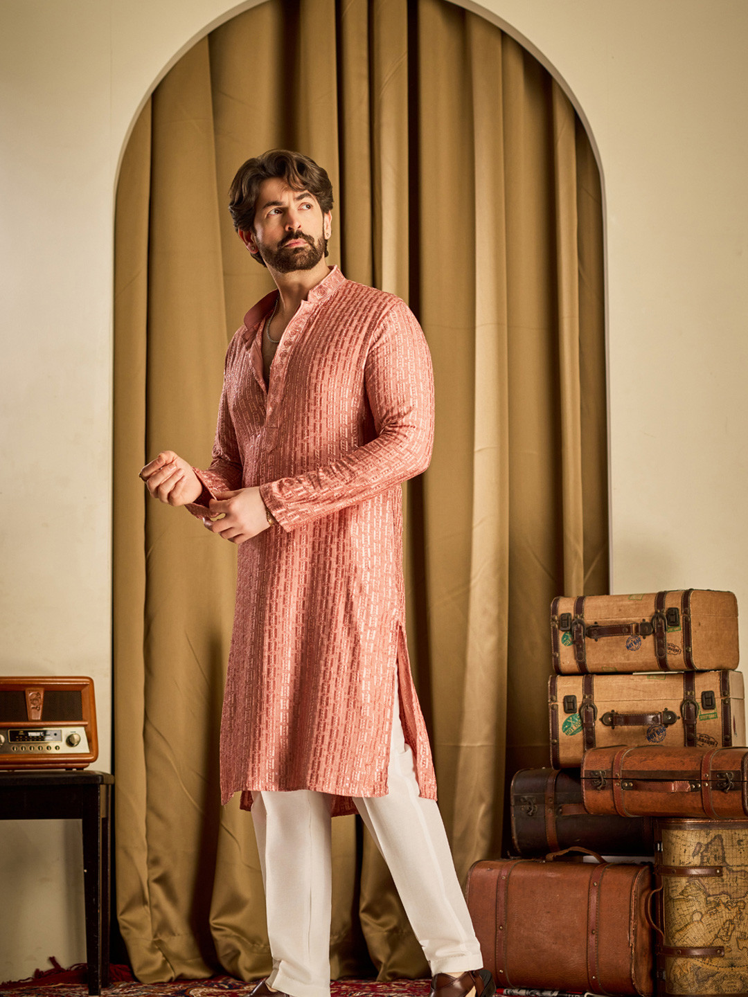 SOJANYA Ethnic Motifs Embroidered Mandarin Collar Sequinned Straight Kurta With Pyjamas