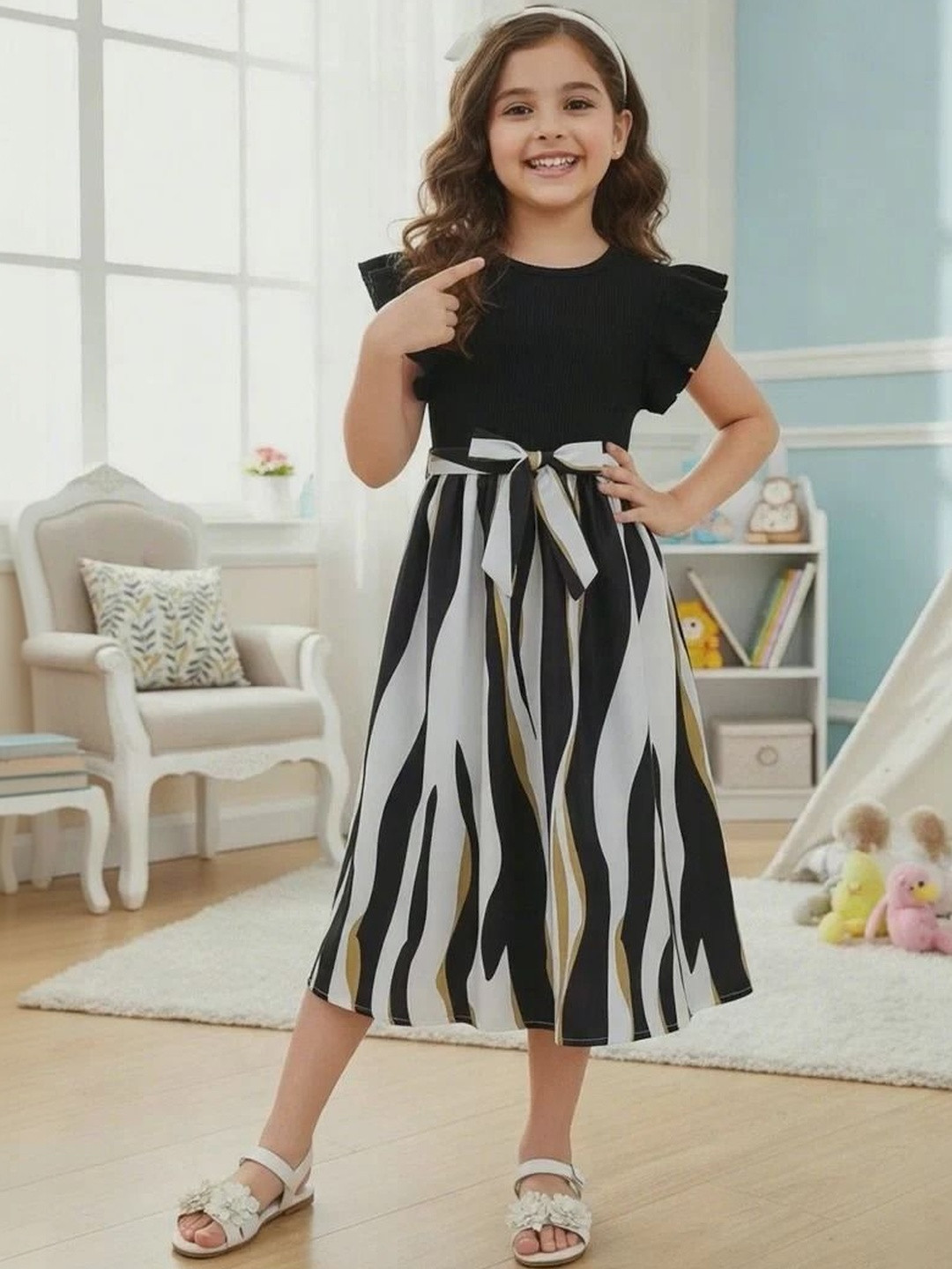 FOSTRIC Girls Print Puff Sleeve Layered Cotton A-Line Dress
