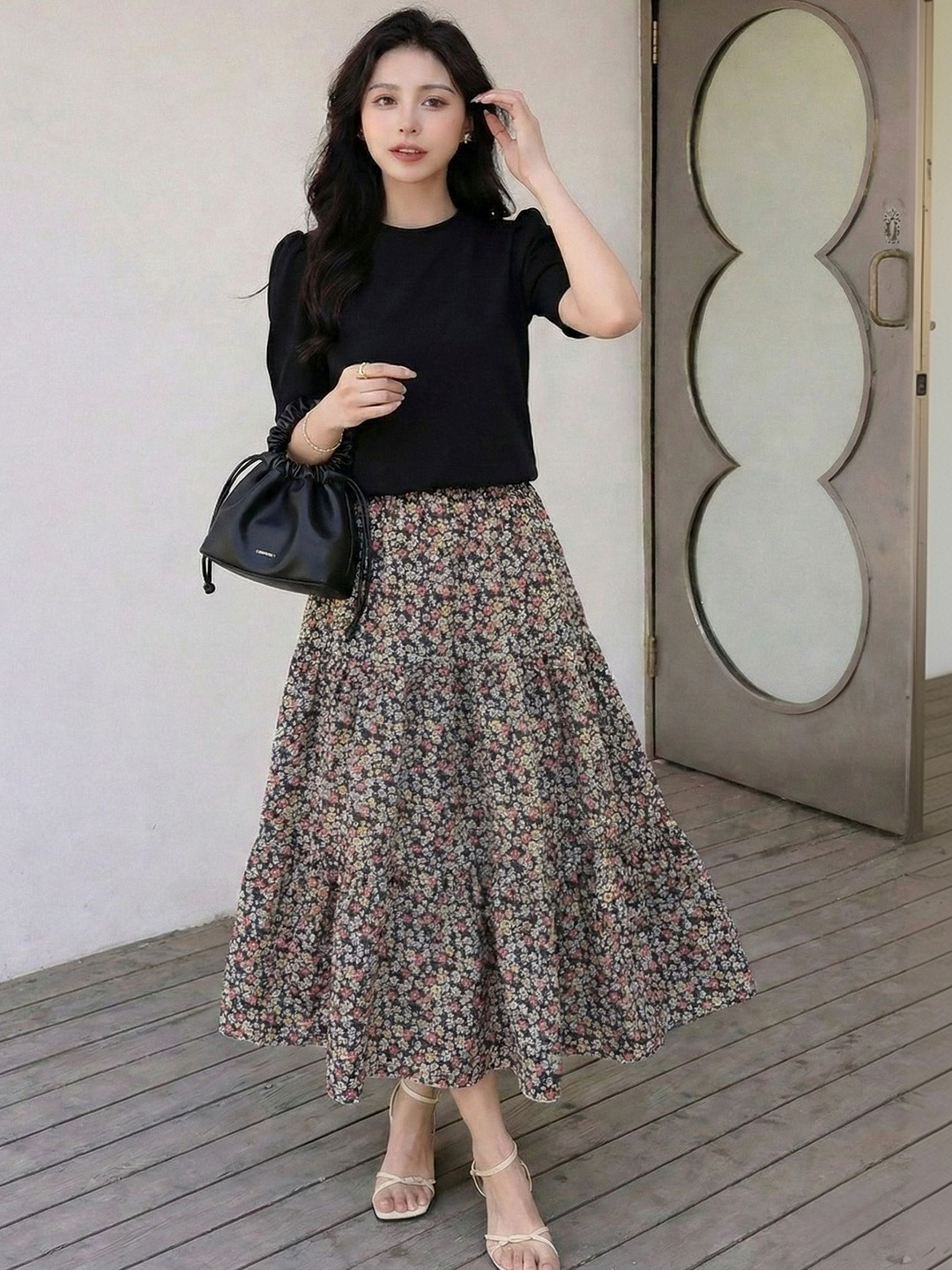 AmorLuxe Floral Print Puff Sleeve Fit & Flare Dress