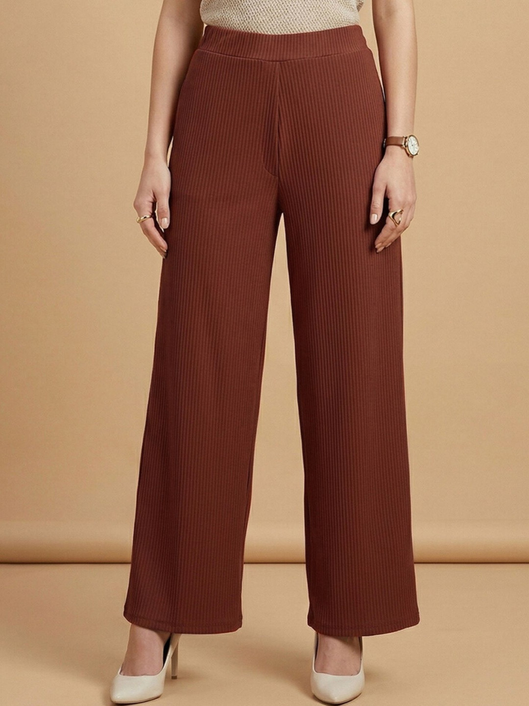 Chemistry Womens Rust Brown Ribbed High-rise Wide Leg Trousers