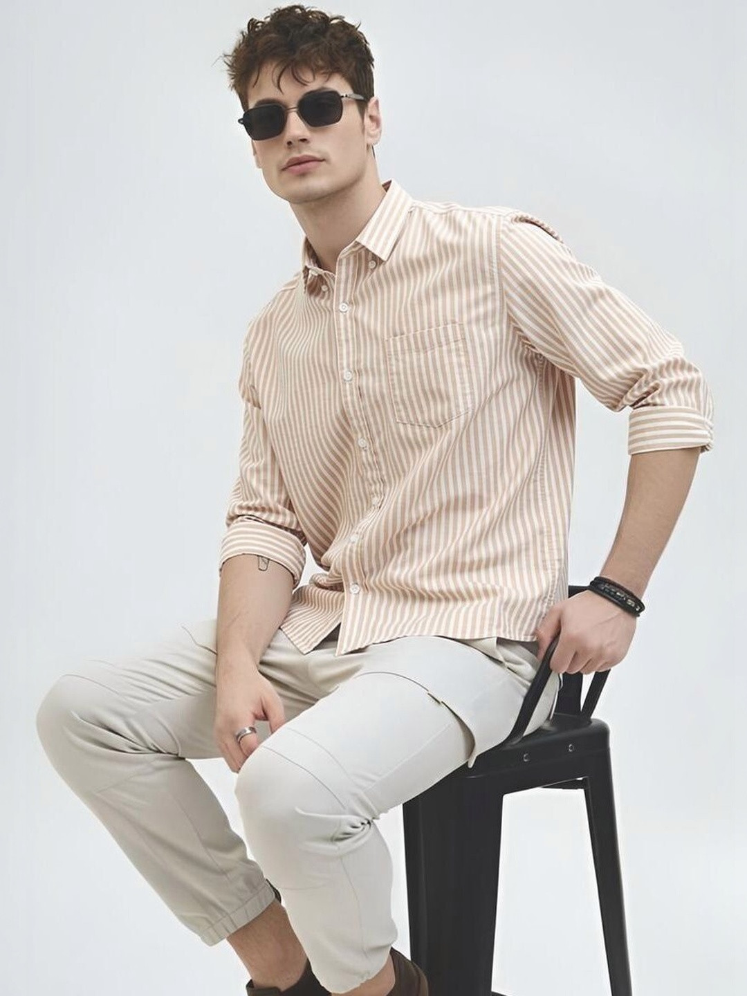 Cream Vertical Stripes Regular Fit Casual Shirt