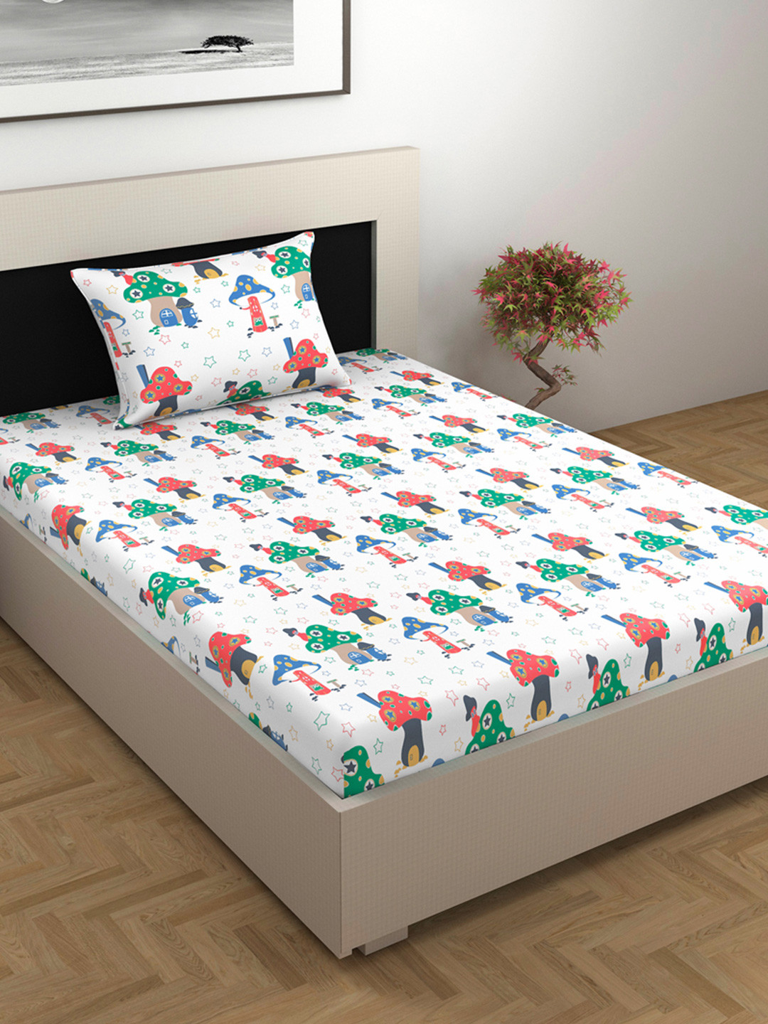 Divine Casa Rosin White Abstract Cotton 144 TC Single Bedsheet with 1 Pillow Cover