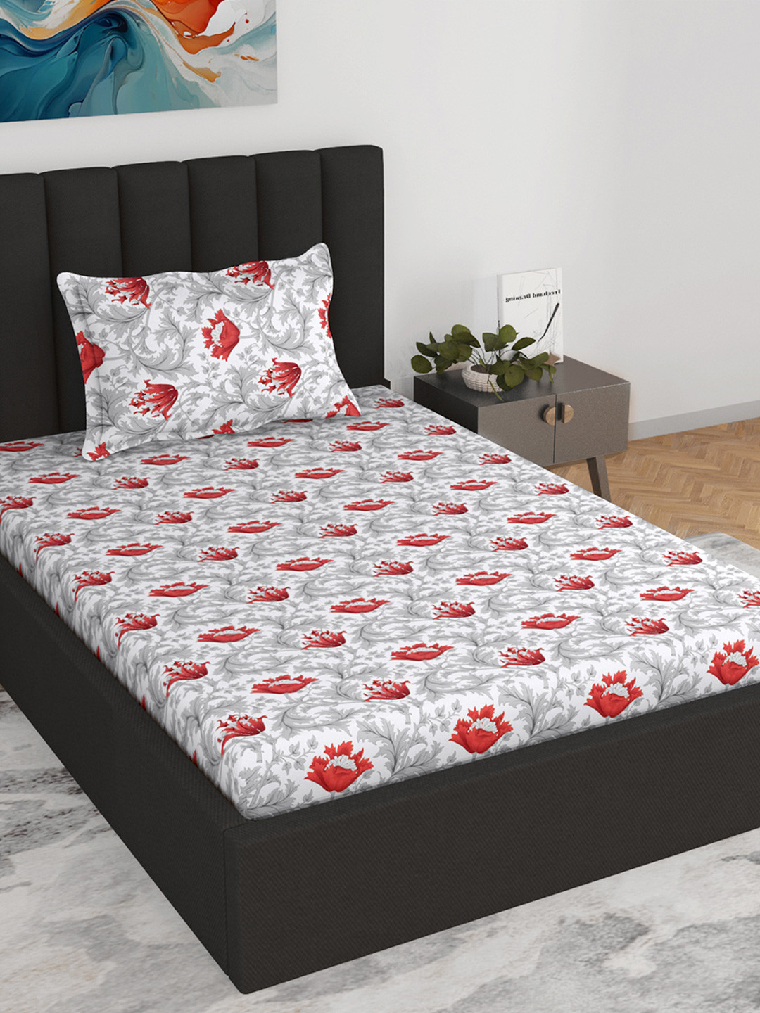 Divine Casa Scarlet Grey Floral Cotton 144 TC Fitted Single Bedsheet with 1 Pillow Coves