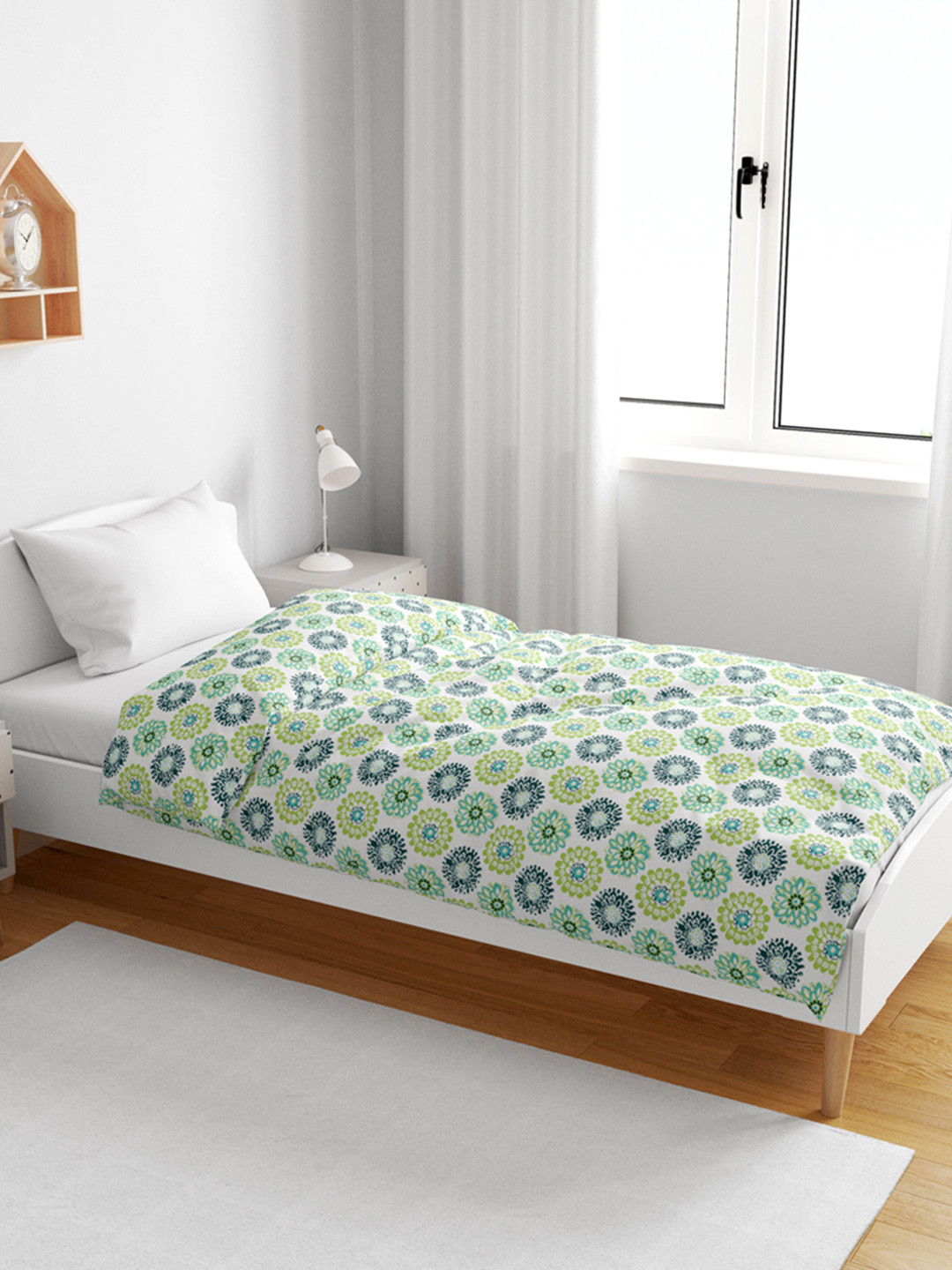 Divine Casa Green Blue Floral Cotton AC Room 120 GSM Reversible Single Kids Dohar Blanket