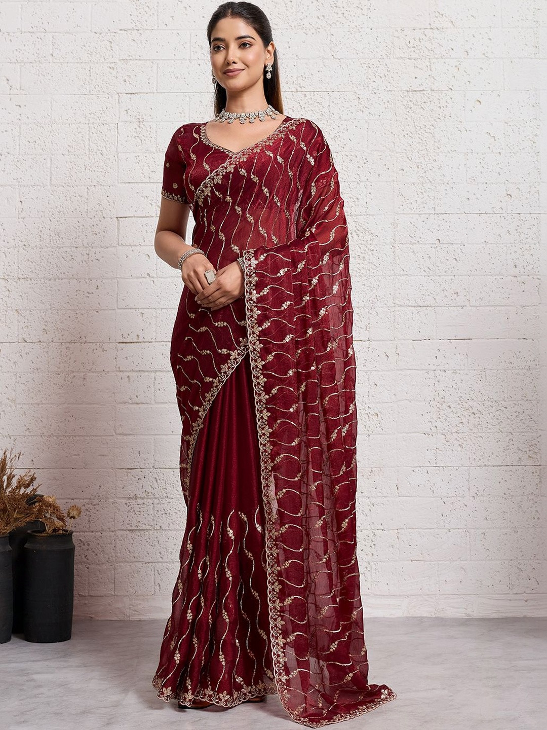 HERE&NOW Womens Brown Embroidered Organza Blouse Piece & Sarees