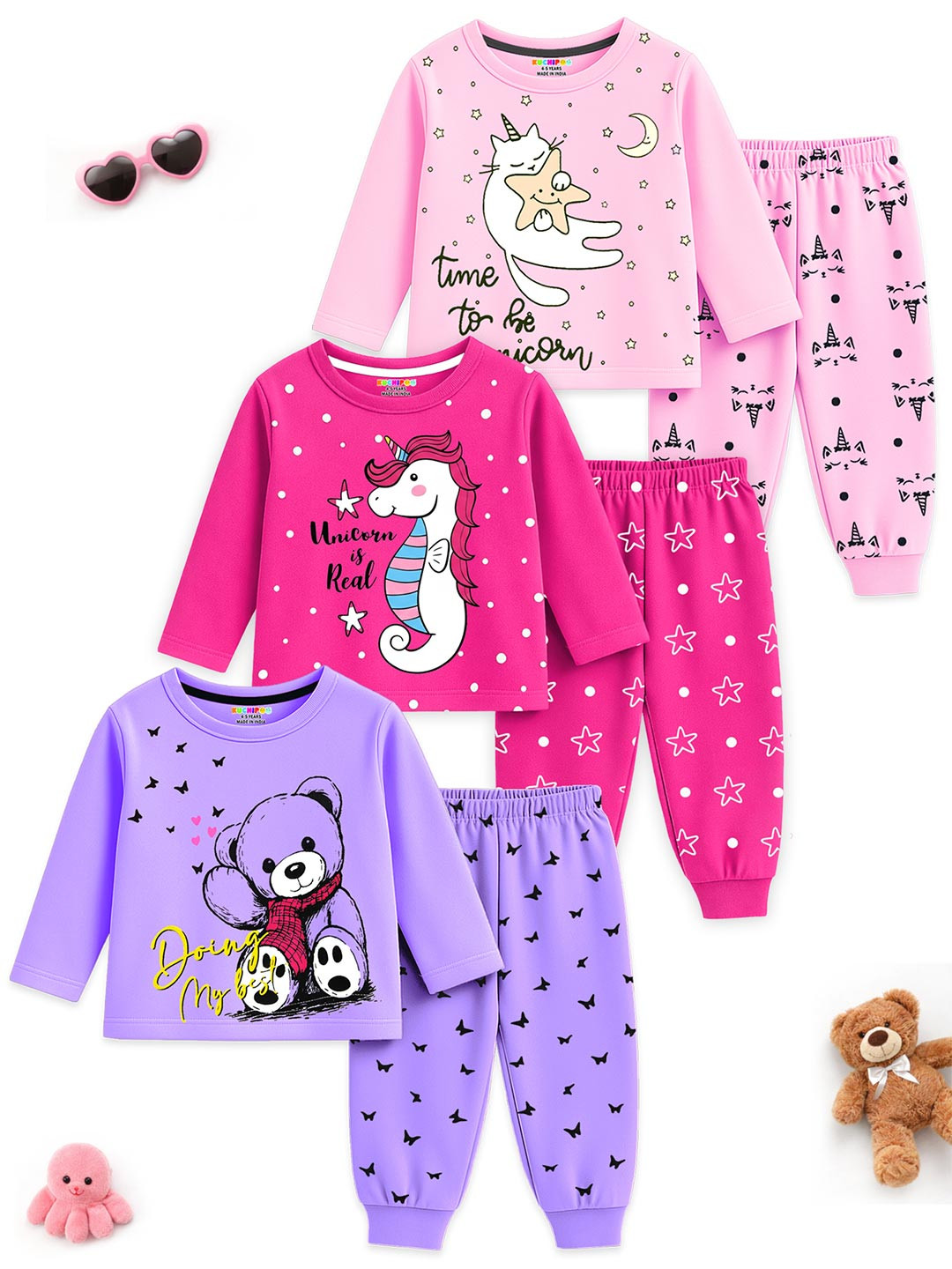 KUCHIPOO Girls Printed T-shirt with Pyjamas