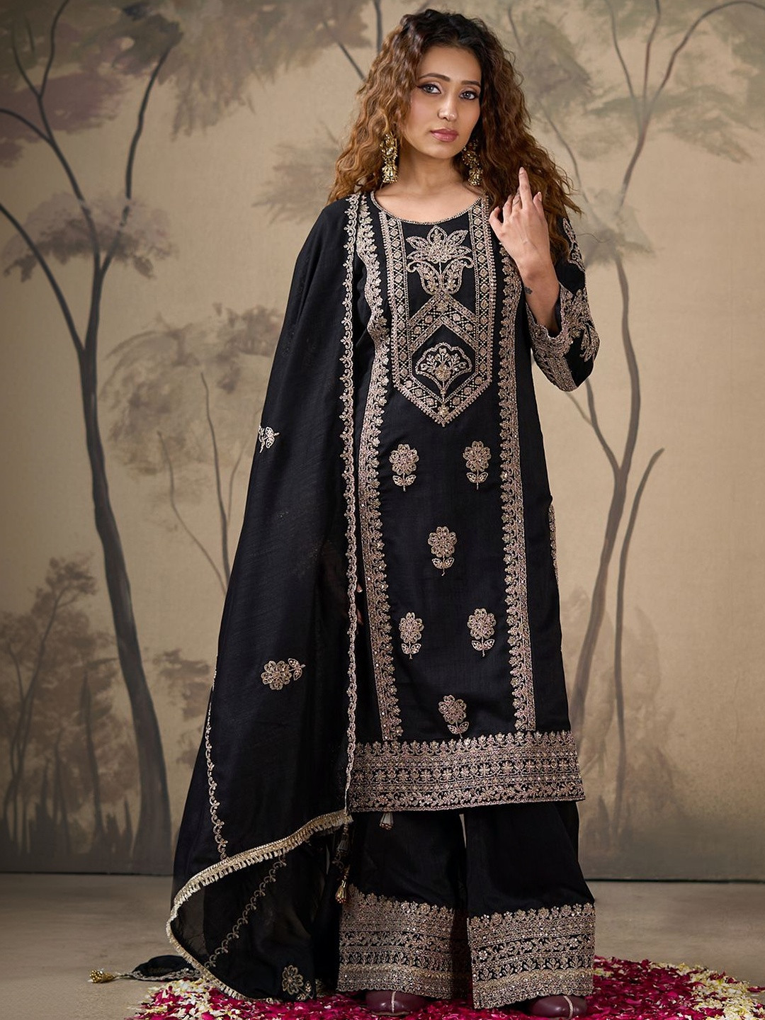 House of Pataudi Embroidered Round Neck Kurta & Trousers With Dupatta