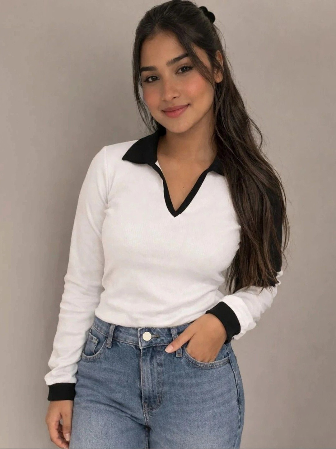 TANUSHK Women Ribbed Shirt Collar Cotton Blend Top