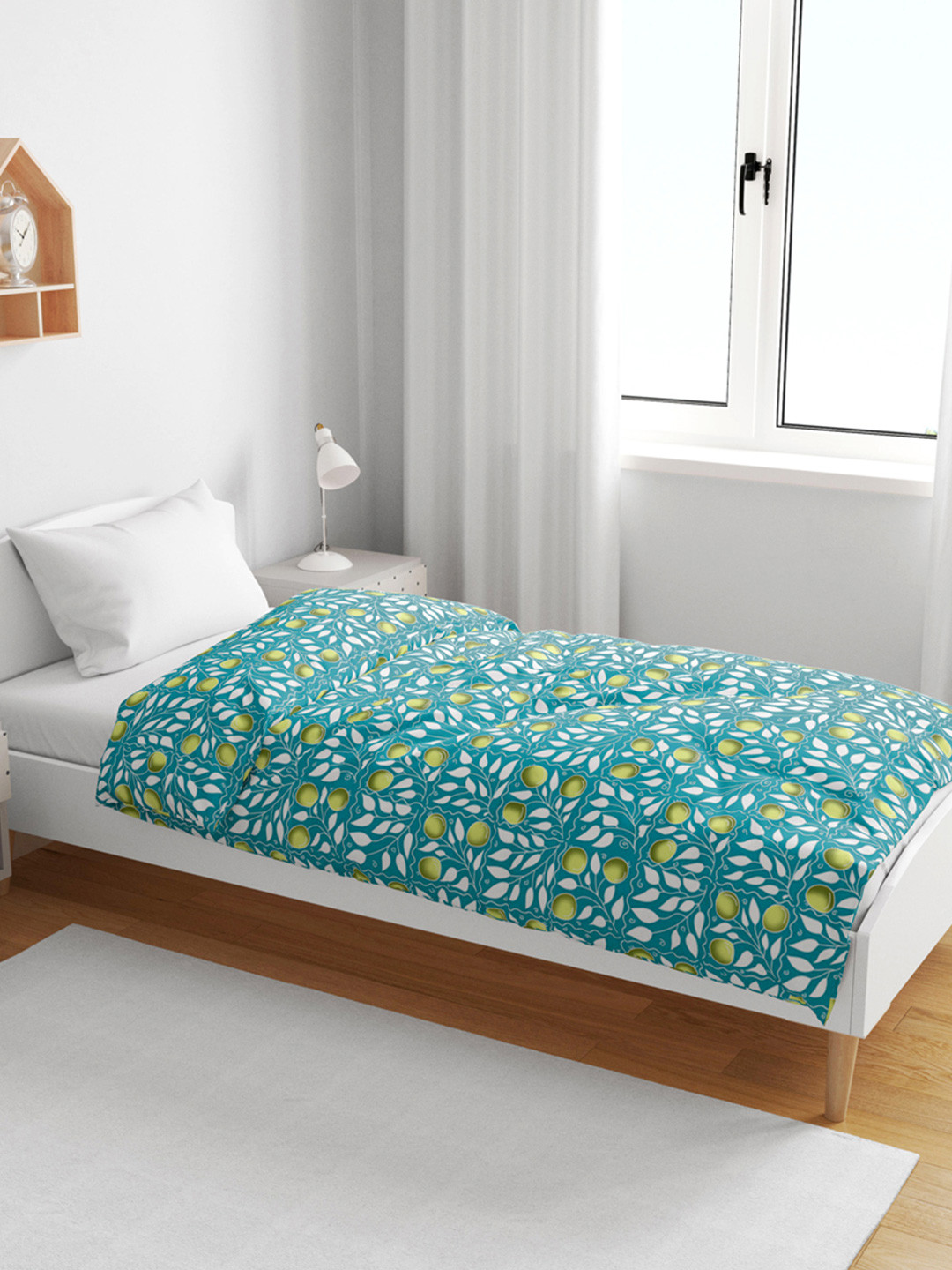 Divine Casa Teal & Yellow Floral Cotton AC Room 120 GSM Single Kids Dohar Blanket