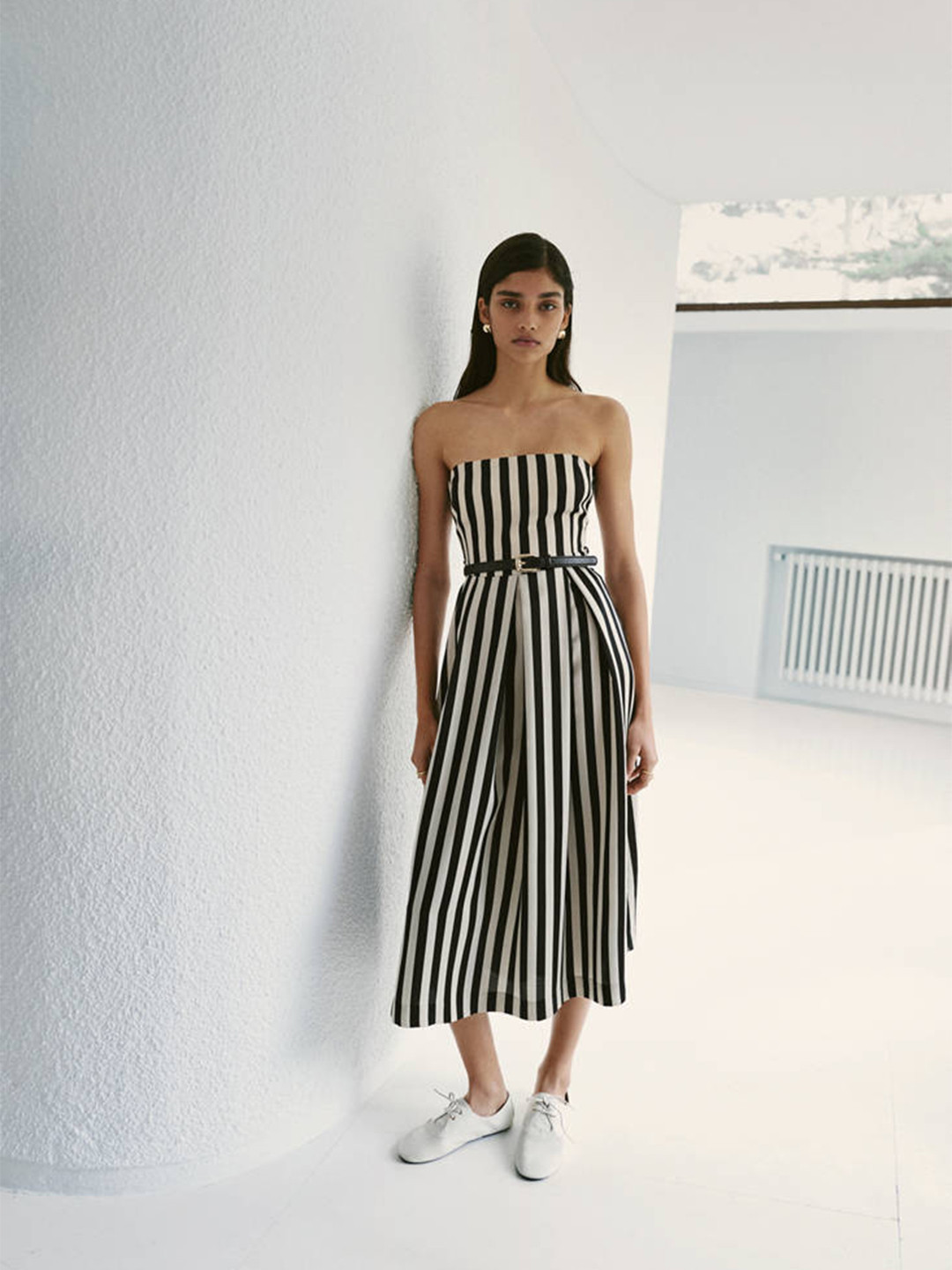 MANGO Striped Strapless A-Line Midi Dress