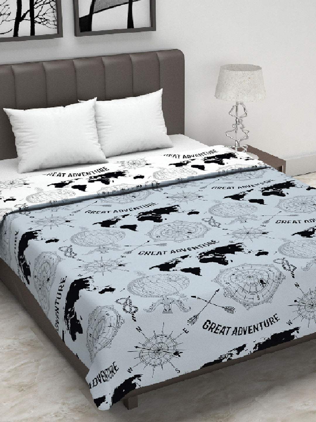 Divine Casa Stonewash Grey Geographic Microfiber AC Room 120 GSM Double Bed Dohar Blanket