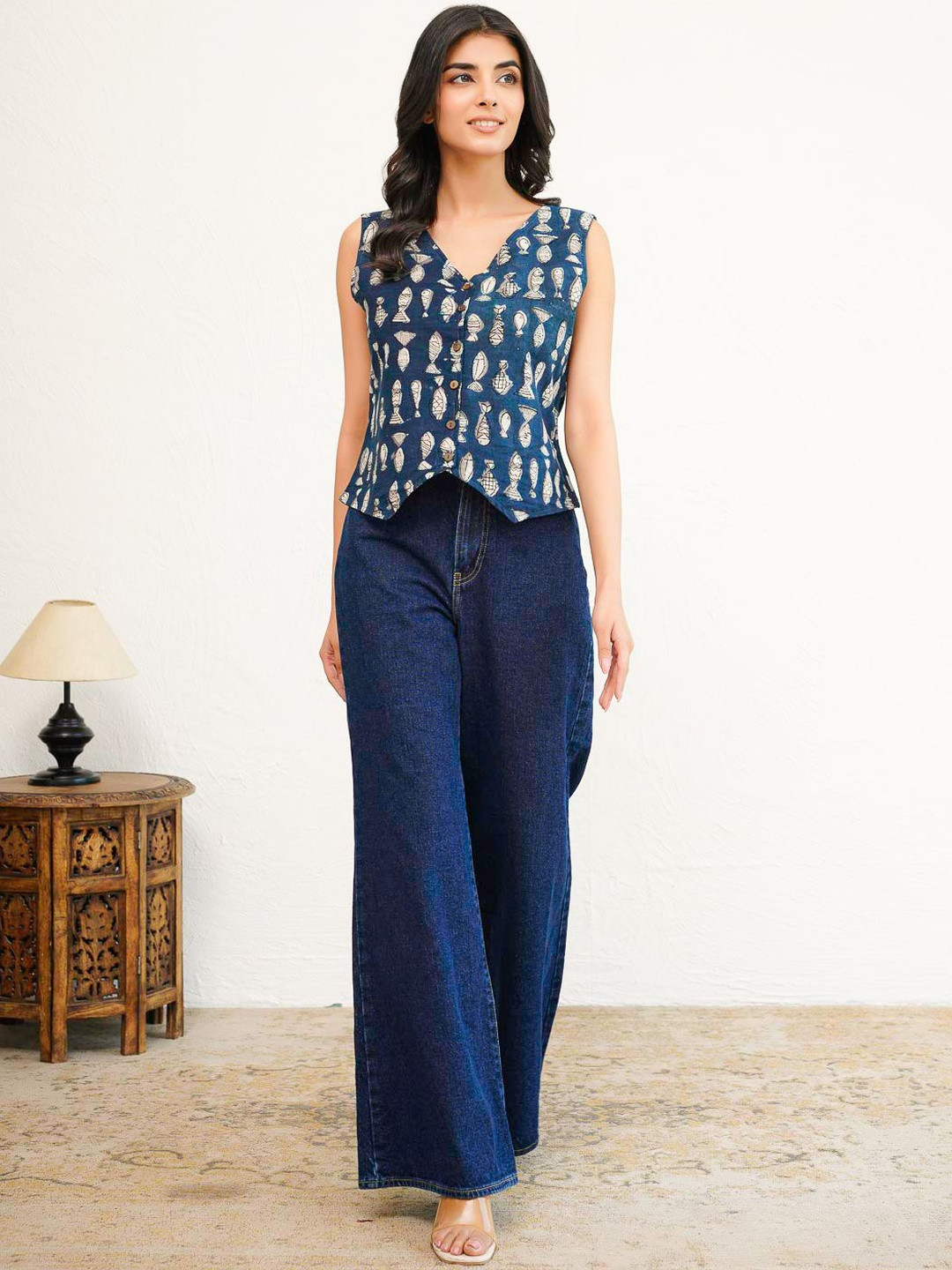 GOODHAND Sleeveless Cotton Block Printed Kothi Tops
