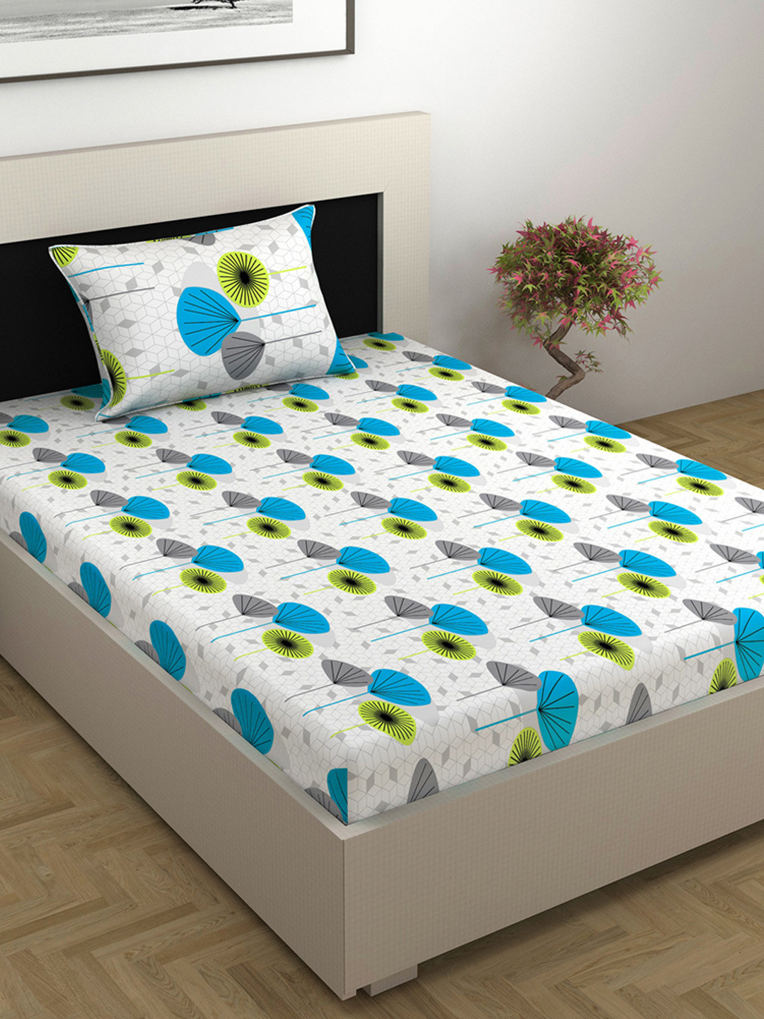Divine Casa Sky Blue Geometric Cotton 144 TC Single Bedsheet with 1 Pillow Cover