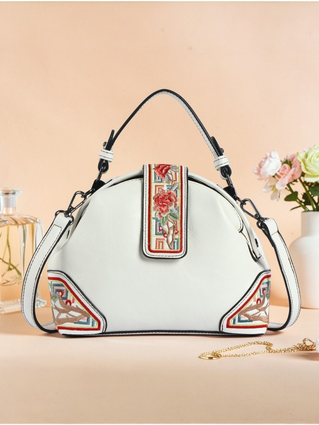 Exotic Zenvira Floral Embroidered Synthetic Leather Small Structured Handheld Bag