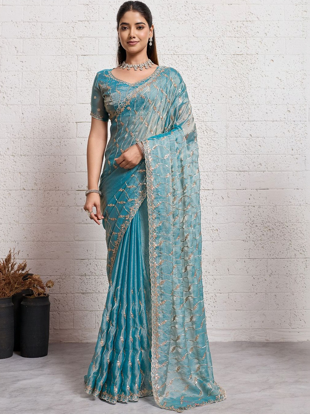 HERE&NOW Womens Sky Blue Embroidered Organza Blouse Piece & Sarees