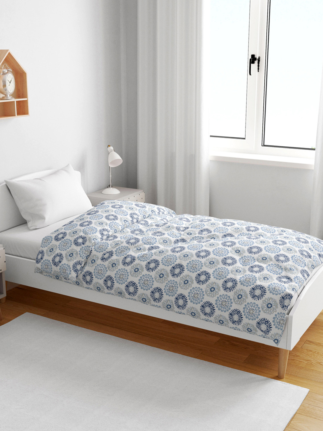 Divine Casa Blue Beige Floral Cotton AC Room 120 GSM Reversible Single Kids Dohar Blanket