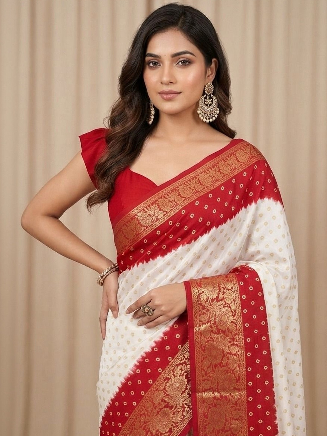 MAGNEITTA Bandhani Dola Silk Zari Border White Durga Puja Sarees